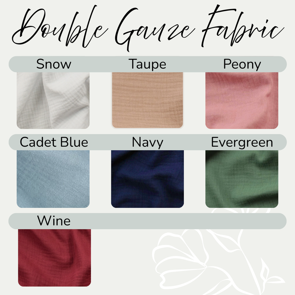 Double gauze fabric swatches in various colors with labels on a light gray background.