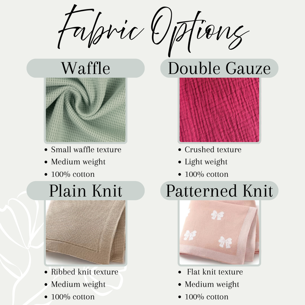 Fabric options comparison with waffle and double gauze textures on a white background.