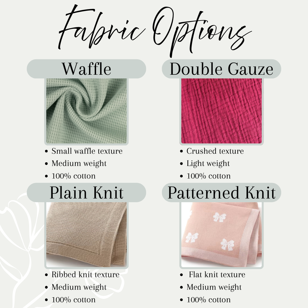 Fabric options comparison with waffle and double gauze textures on a white background.