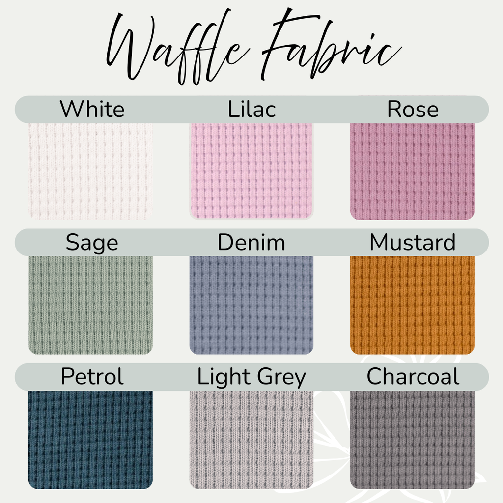 Waffle fabric swatches in various colors with labels on a white background