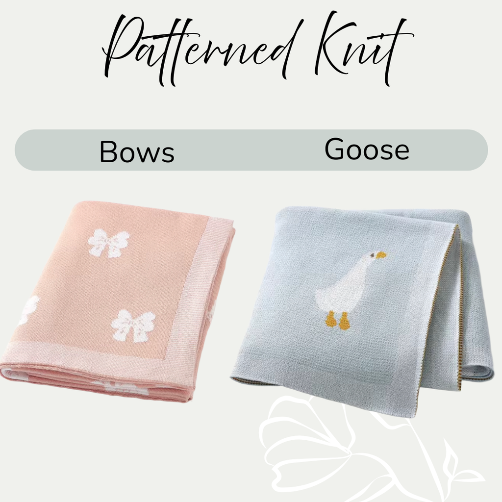 Two patterned knit blankets, one with bows and the other with a goose design, on a light background.